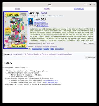 A screenshot of the mostly mocked view of a book, Lurking, being presented in Livtet